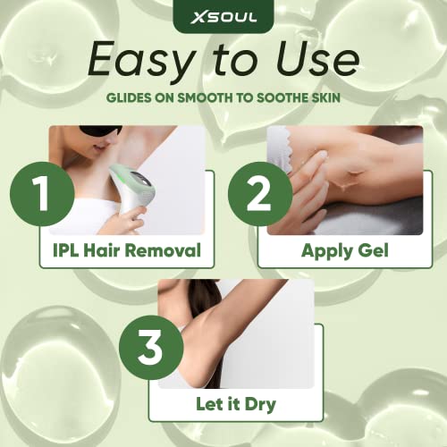 a poster of a person applying laser hair removal with text: 'XSOUL Easy to Use GLIDES ON SMOOTH TO SOOTHE SKIN 1 2 IPL Hair Removal Apply Gel 3 Let it Dry'