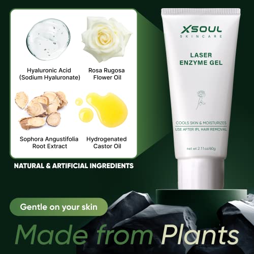 a product on a stand with text: 'XSOUL SKINCARE LASER ENZYME GEL Hyaluronic Acid Rosa Rugosa (Sodium Hyaluronate) Flower Oil COOLS SKIN & MOISTURIZES USE AFTER IFL HAIR REMOVAL Sophora Angustifolia Hydrogenated Root Extract Castor Oil net NATURAL & ARTIFICIAL INGREDIENTS Gentle on your skin Made from Plants'