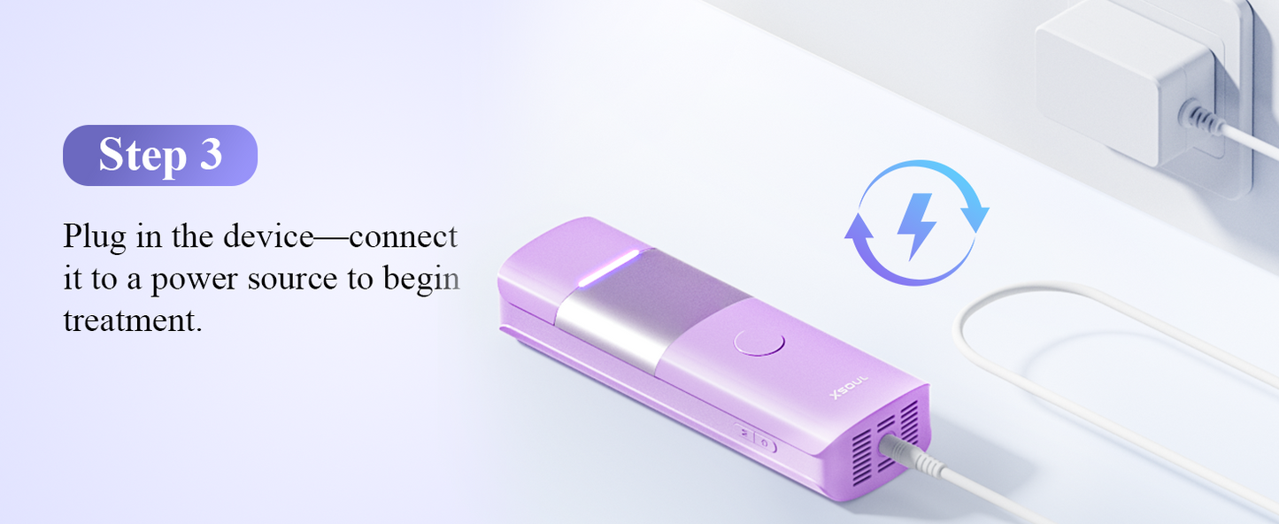 Xsoul Sapphire IPL — step 3 plug in power cord before starting at-home IPL hair removal treatment