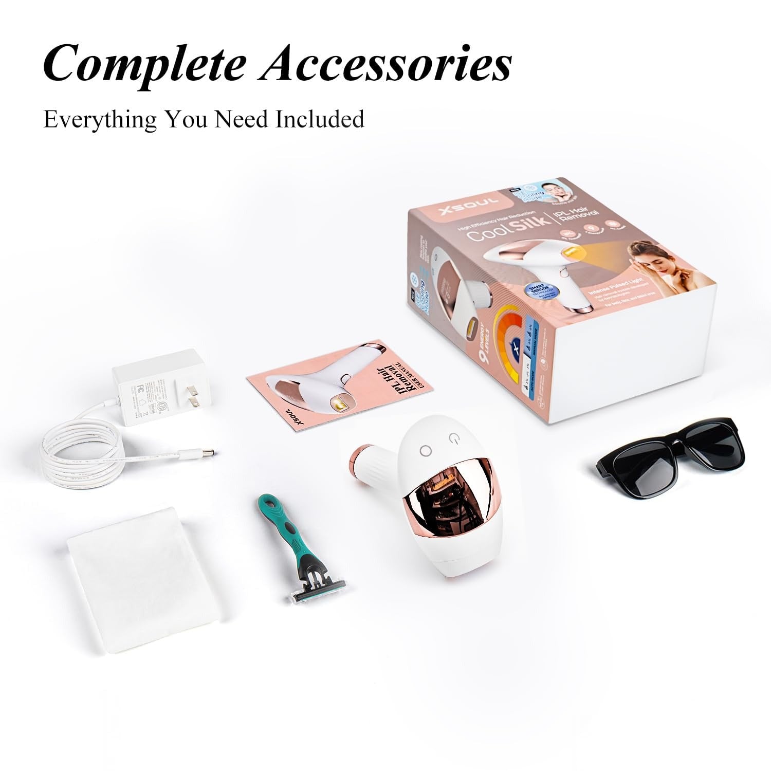 Xsoul IPL Rose Gold — complete package: device, goggles, razor, power adapter, instruction manual