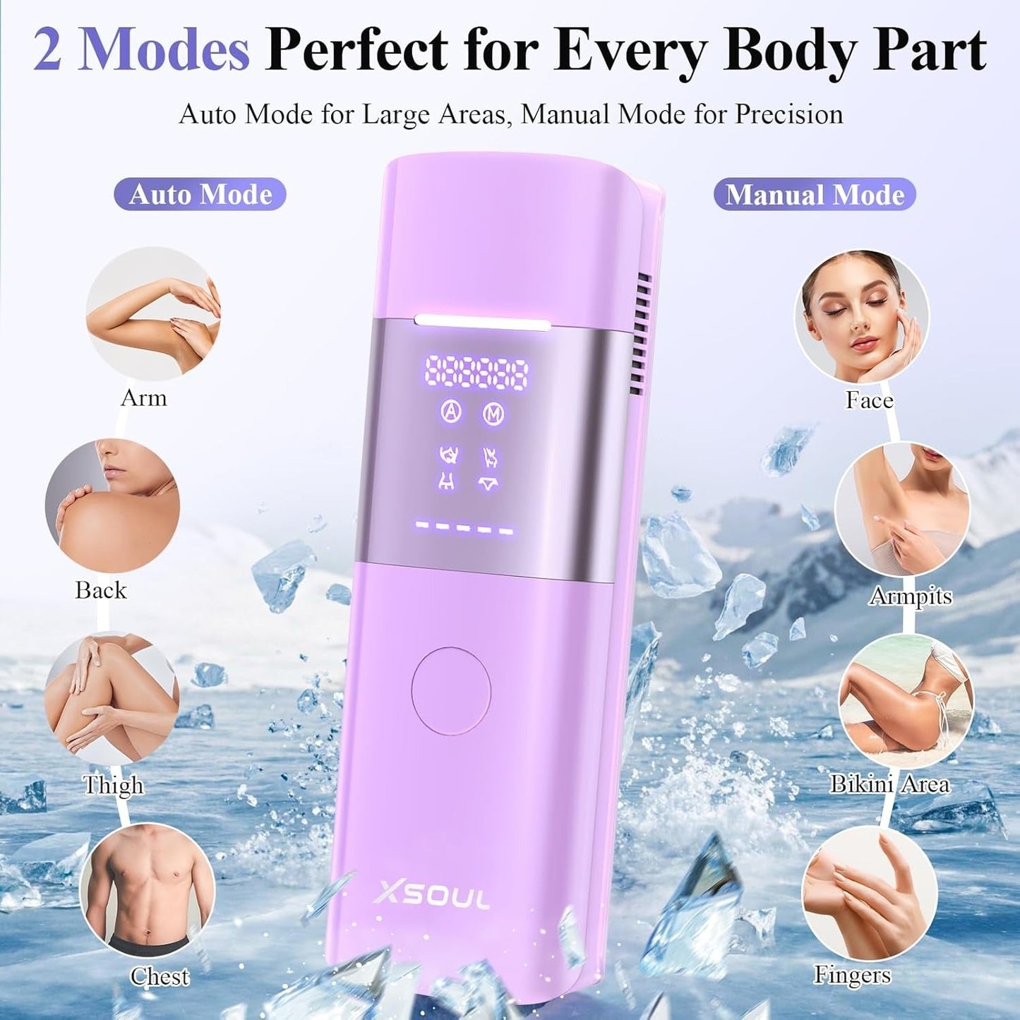 Xsoul Sapphire IPL — body area guide: auto mode (legs, arms, back) and manual mode (face, bikini, underarms)