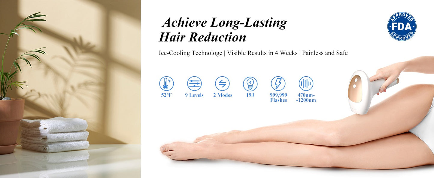 Xsoul IPL hair removal White & Golden — lifestyle banner, 9 energy levels, ice cooling, 999999 flashes
