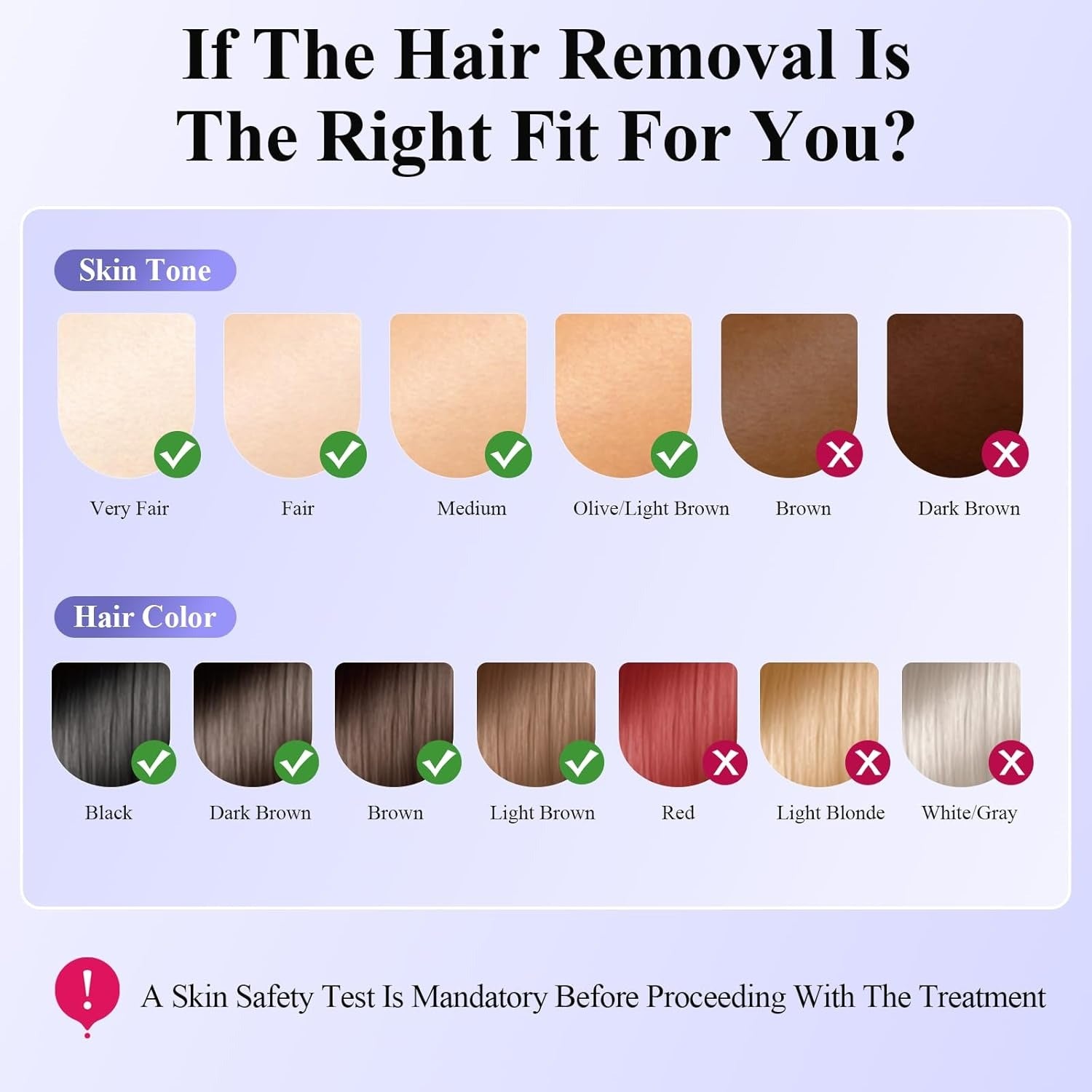 Xsoul Sapphire IPL — skin tone compatibility chart: fair to olive skin with dark hair works best for IPL