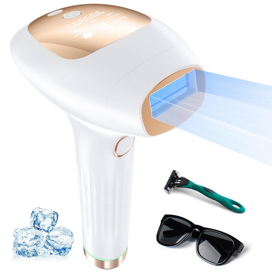 Xsoul IPL hair removal device White & Golden — complete kit with device, protective eyewear, and razor