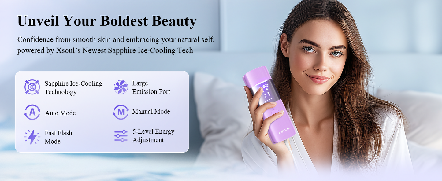 Xsoul Sapphire IPL — lifestyle banner showing 6 key features: sapphire cooling, large window, fast flash