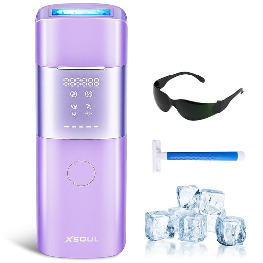 Xsoul Sapphire IPL hair removal — product kit with goggles, razor, and accessories on white background