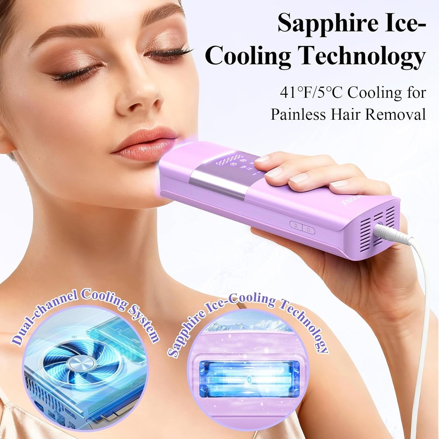 Xsoul Sapphire IPL — dual channel sapphire cooling system detail, 5°C skin temperature during each flash