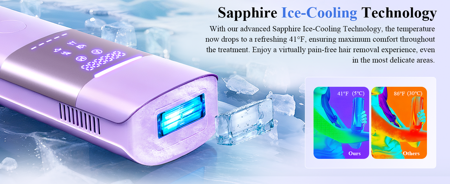 Xsoul Sapphire IPL — sapphire cooling vs competitor temperature: 5°C vs 30°C skin surface during flash