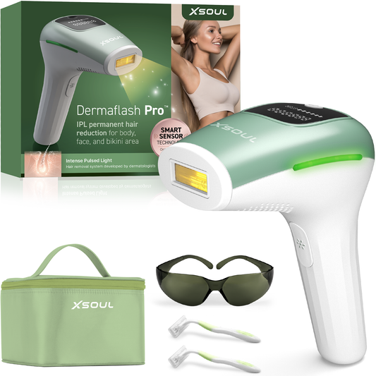 a device for laser hair removal with text: 'XSOUL XSOUL Dermaflash Pro IPL permanent hair XSOUL reduction for body, SMART face, and bikini area SENSOR) Intense Pulsed Light Hair removal system developed by dermatologists XSOUL'