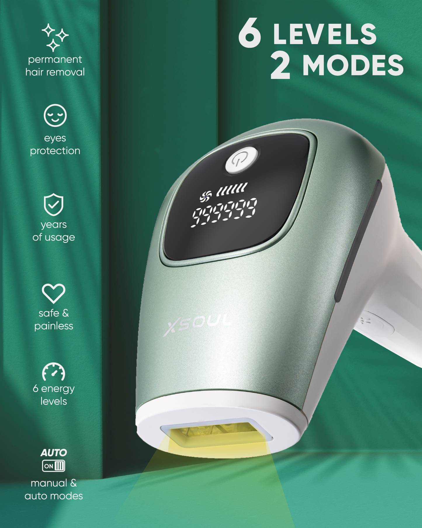 a device for laser hair removal with text: '6 LEVELS permanent 2 MODES hair removal eyes protection V years of usage safe & painless XSOUL 6 energy levels AUTO manual & auto modes'