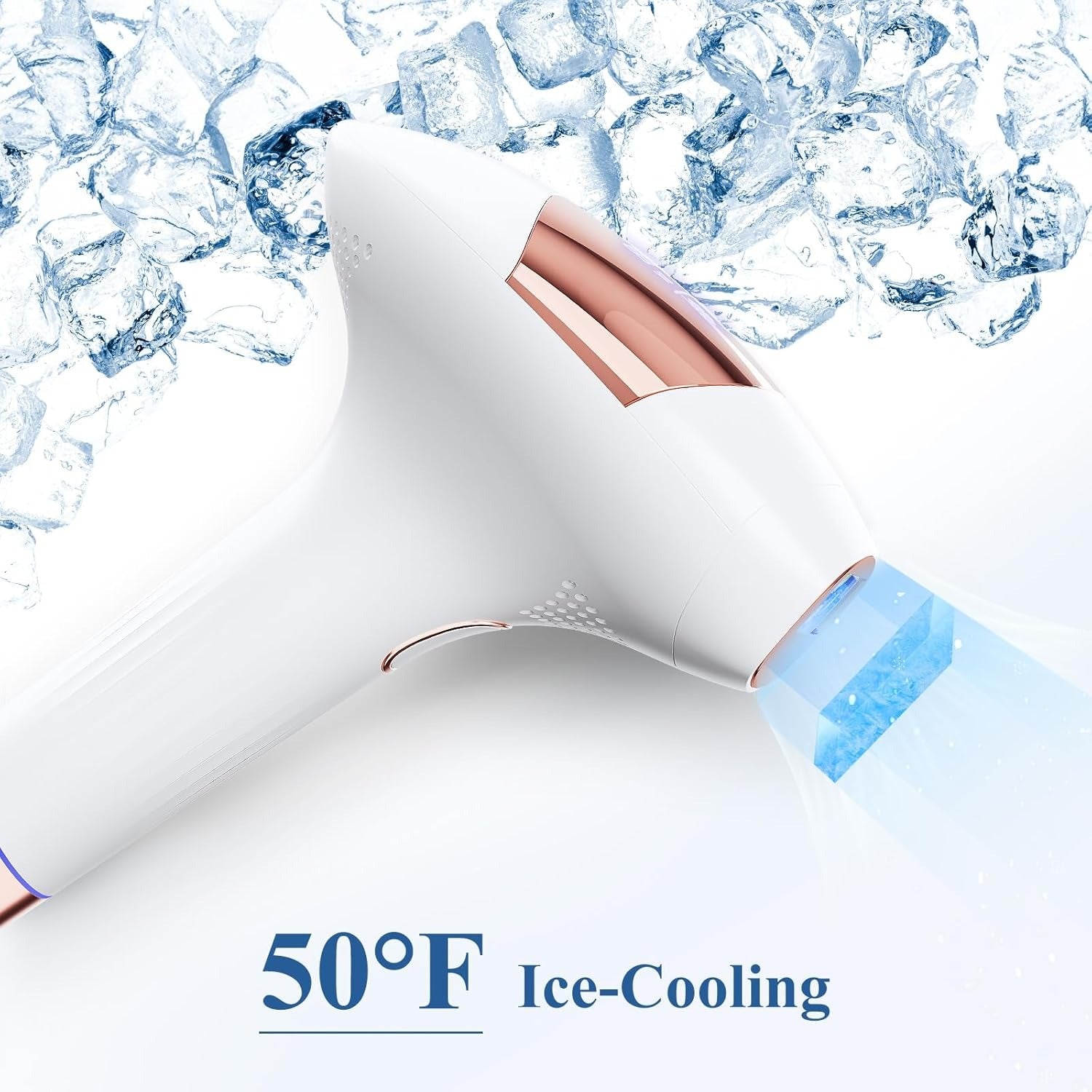 Xsoul IPL Rose Gold — ice cooling treatment head maintaining 10°C skin temperature per flash