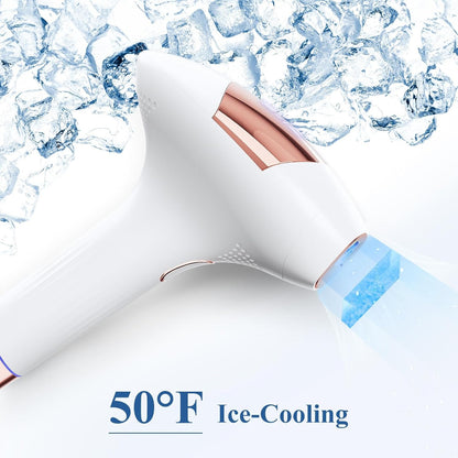 Xsoul IPL Rose Gold — ice cooling treatment head maintaining 10°C skin temperature per flash