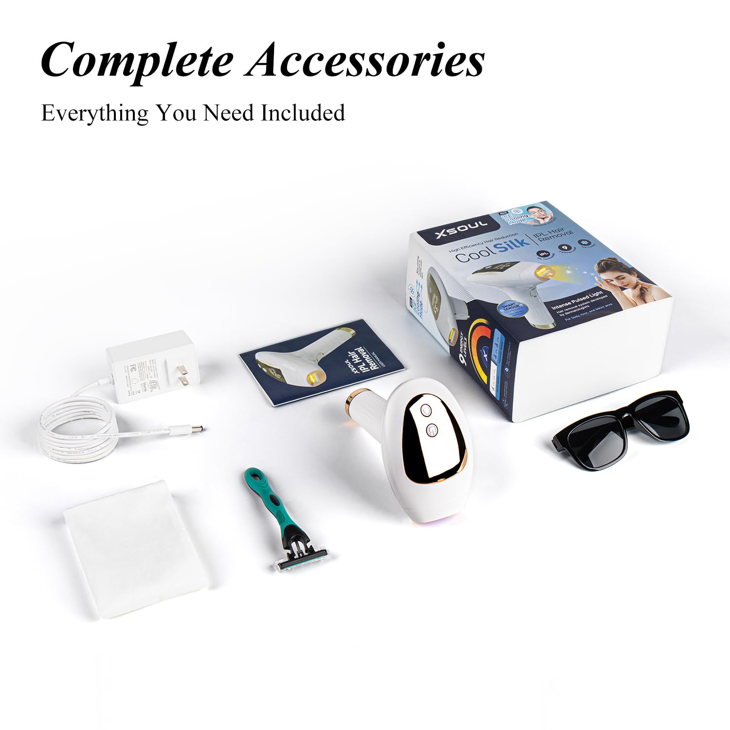 Xsoul IPL White & Golden — complete package: device, eyewear, razors, power adapter, instruction manual