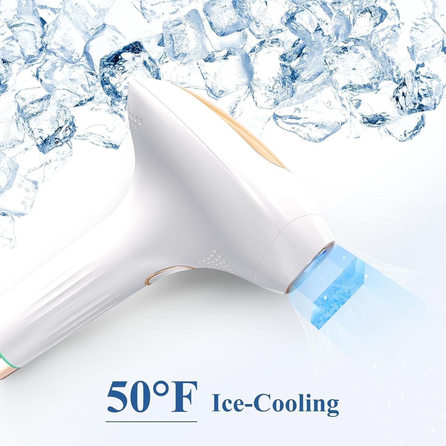 Xsoul IPL White & Golden — ice cooling head close-up maintaining 50°F skin temperature during each flash