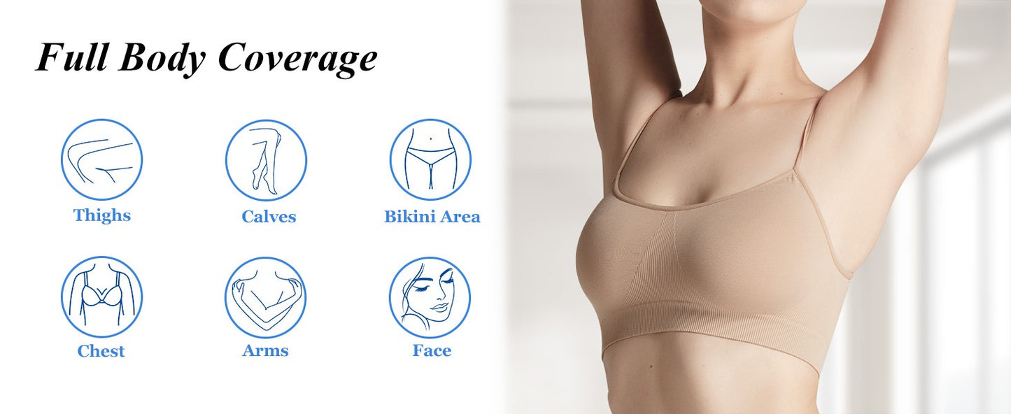Xsoul IPL device — treats 6 body areas: legs, arms, underarms, bikini line, face, and back