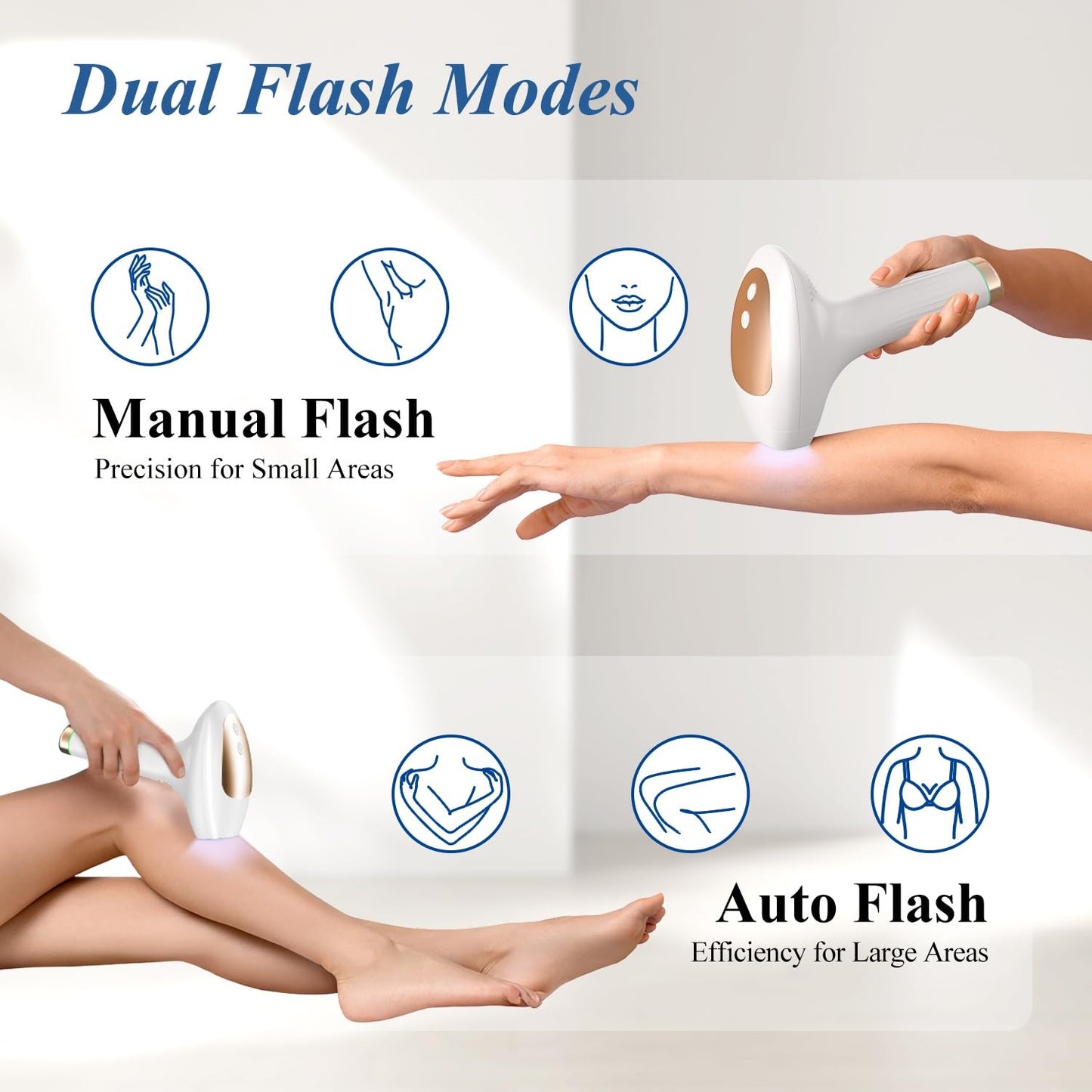 Xsoul IPL hair removal — auto mode for large areas, manual mode for precision, dual flash modes guide