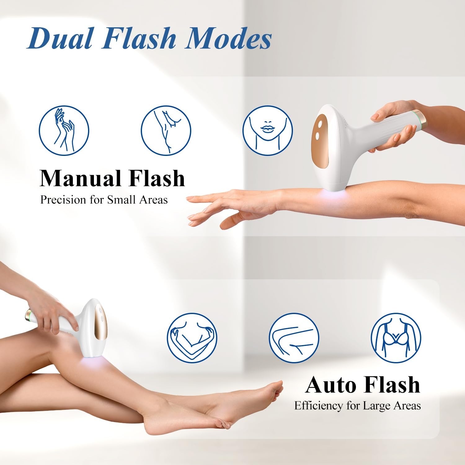 Xsoul IPL hair removal — auto mode for large areas, manual mode for precision, dual flash modes guide