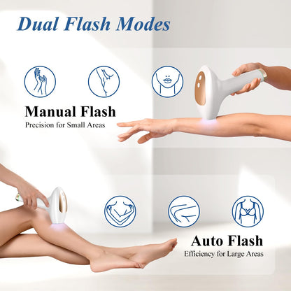 Xsoul IPL hair removal — auto mode for large areas, manual mode for precision, dual flash modes guide