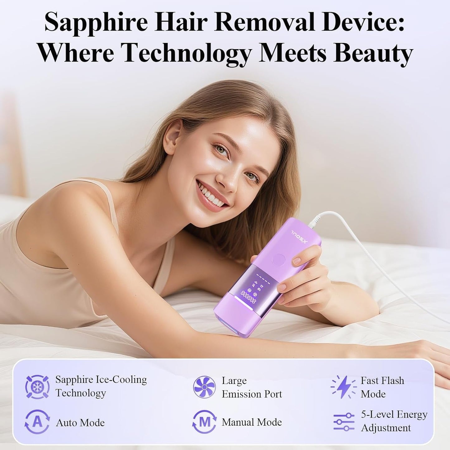 Xsoul Sapphire IPL — 6 core features lifestyle scene: sapphire cooling, large treatment window, fast flash