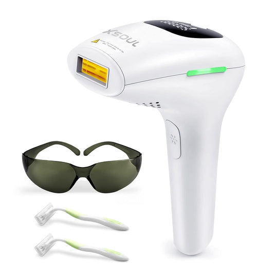 a white device with a green light and sunglasses with text: '. 11'