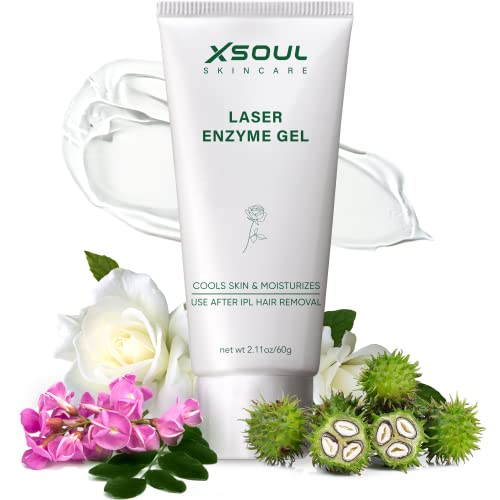 a white tube of gel next to flowers and green plants with text: 'XSOUL SKIN CARE LASER ENZYME GEL COOLS SKIN & MOISTURIZES USE AFTER IPL HAIR REMOVAL net wt 2.11oz/60g'